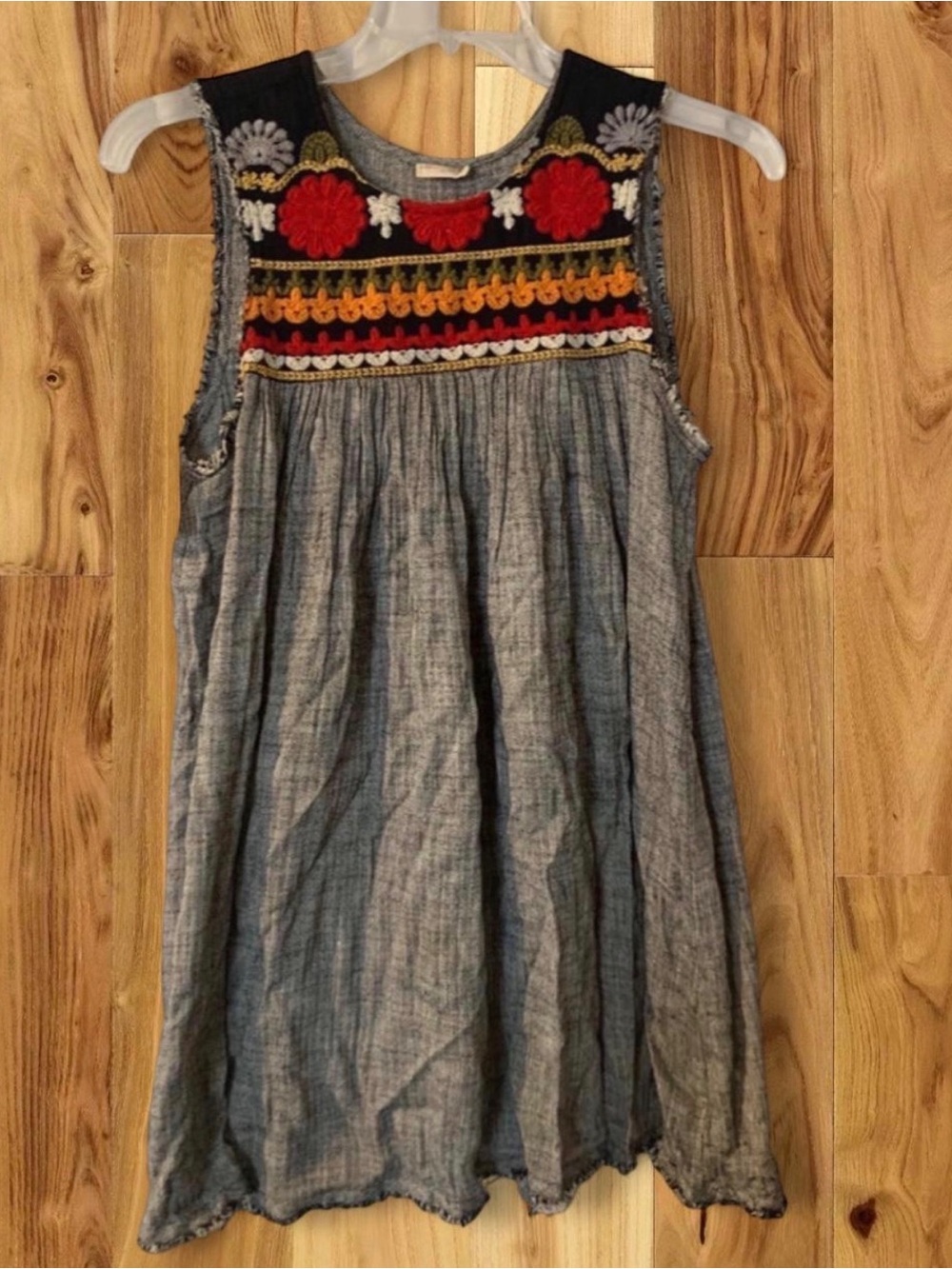 NATURAL LIFE Blue Chambray Dress with Multicolor Embroidered Yoke